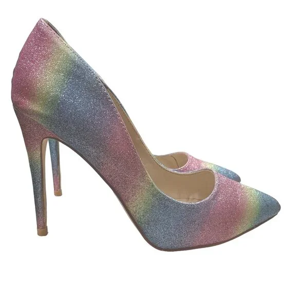 Anne Michelle Hibiscus Heels Womens 8.5 Pastel Rainbow Glitter Mermaid Stiletto - Picture 1 of 16